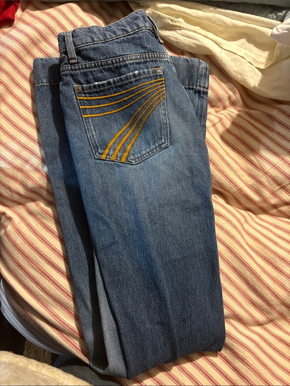 7 For All Mankind Blue Flare Jeans with Yellow Back-Pocket Stitching